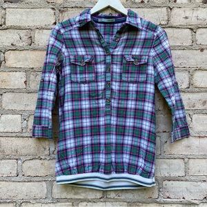 Maurices Plaid 1/2 Button Pullover 3/4 Sleeves Pink Green Yellow Gray Size Small
